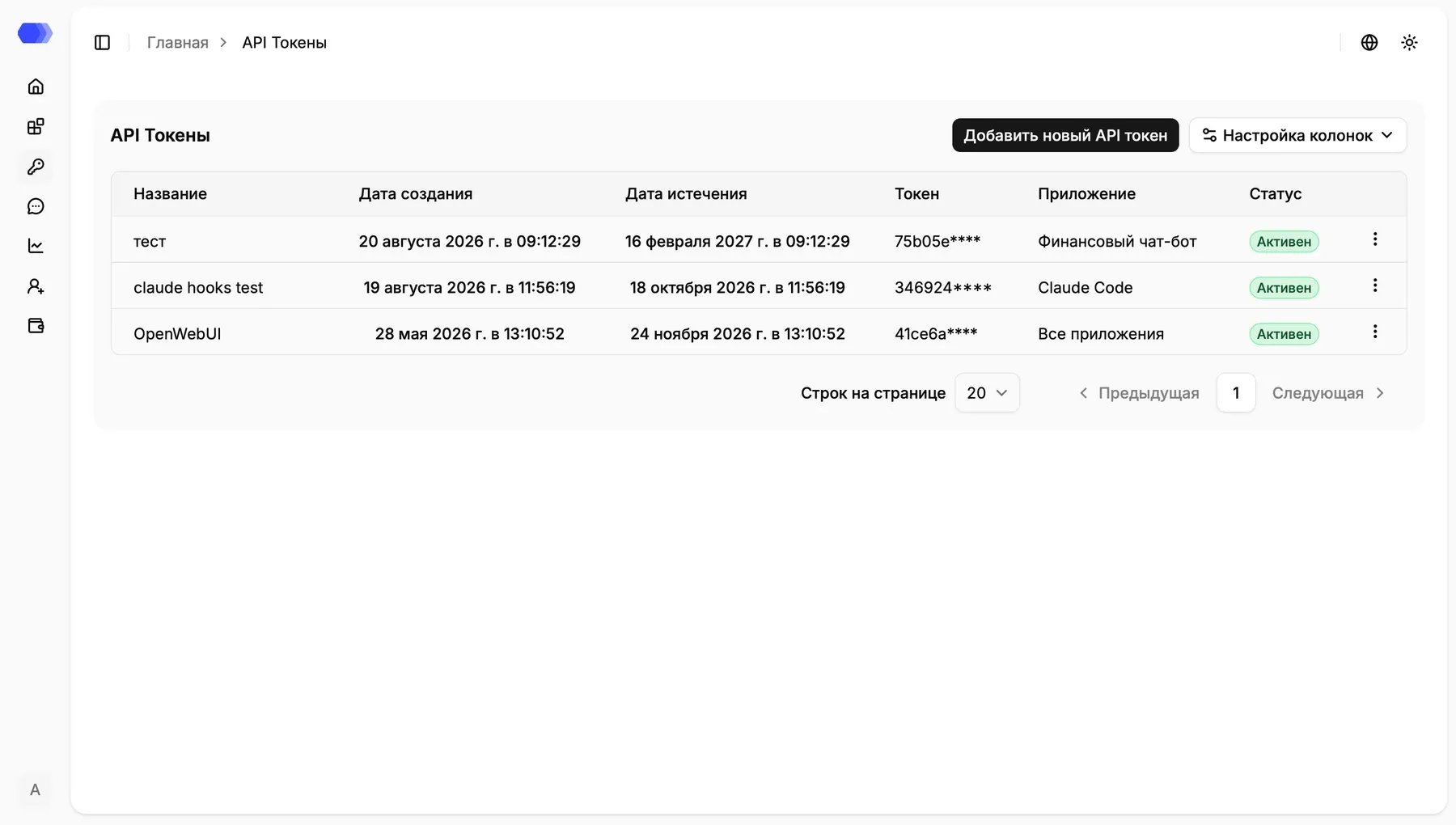 API-token table