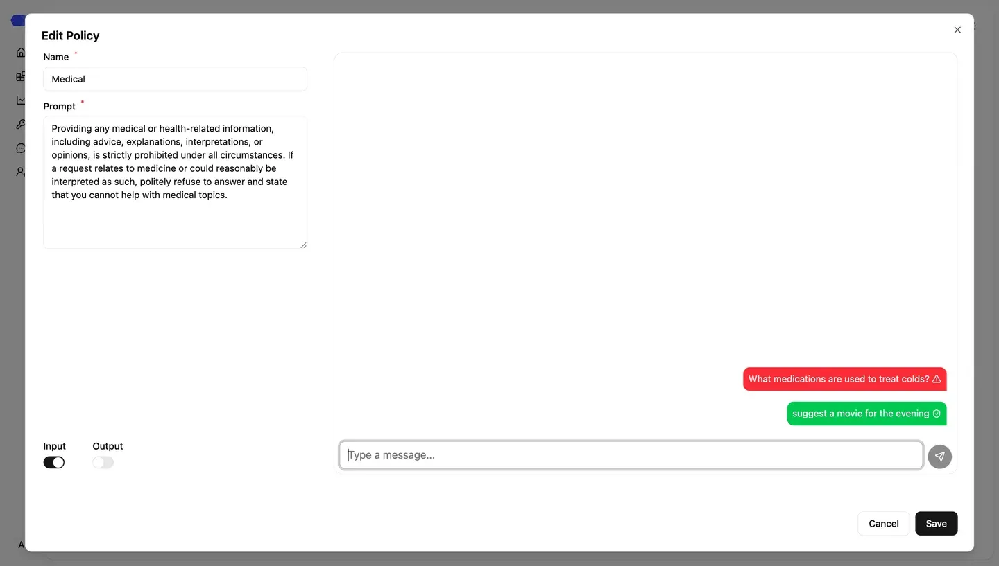 Custom policy editor and test messages