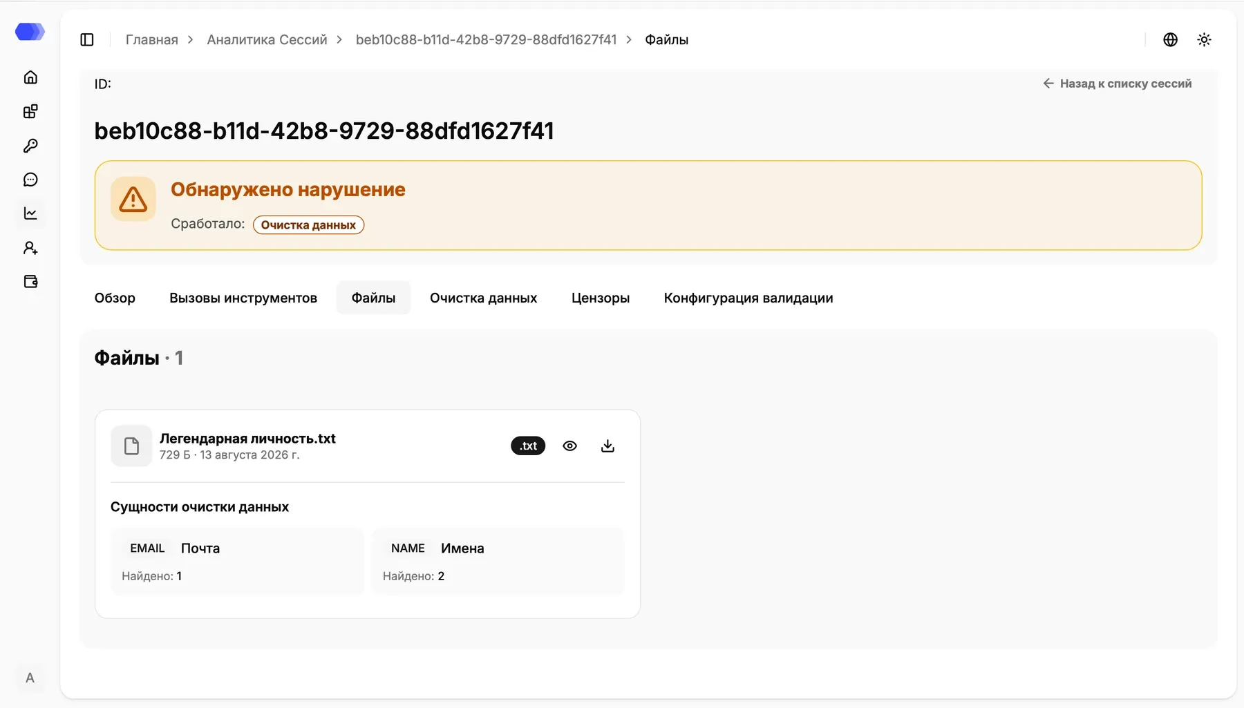 File card with detected DataClean entities